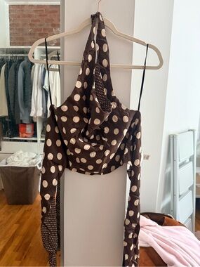 H&M Brown Halter Polka Dot Crop Top with Cream Dots